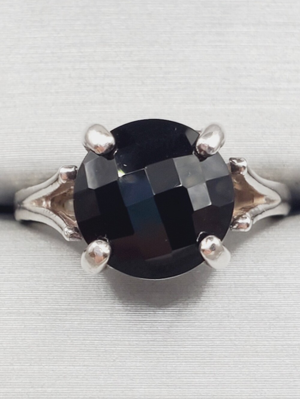 Checker Board Cut Round Black Onyx Solitaire 925 Sterling Silver Ring